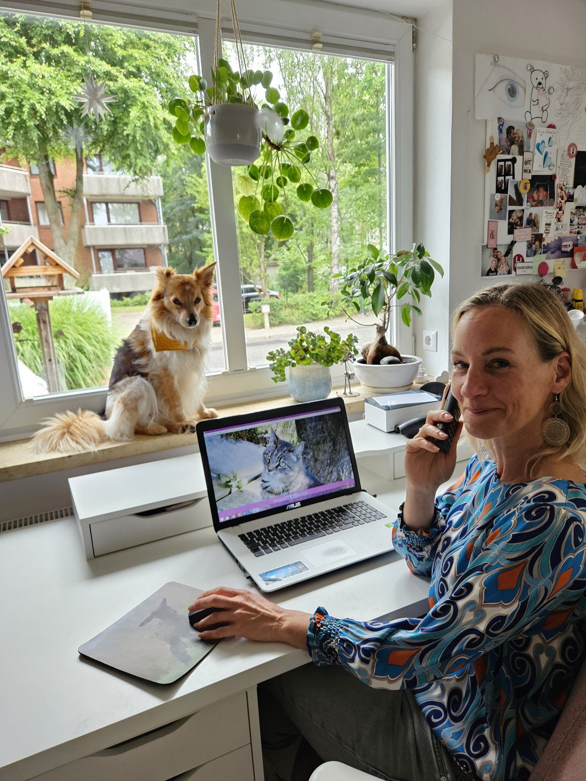 Melinda Weber telefoniert am Schreibtisch, ein Hund sitzt am Fenster
